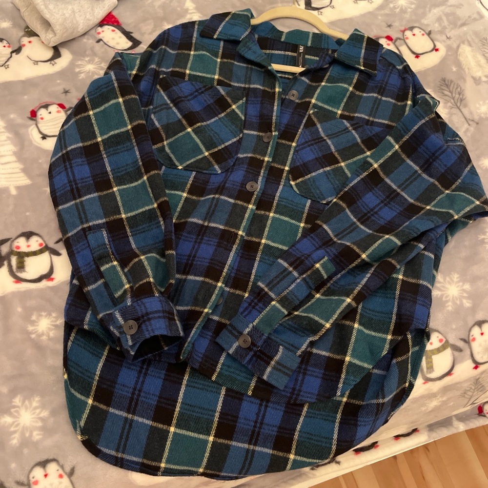 NWT Zara Blue and Green Plaid Flannel Shirt